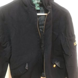 Lauren Ralph Blue Military Wool Brass Button Jacket Hooded Full Zip